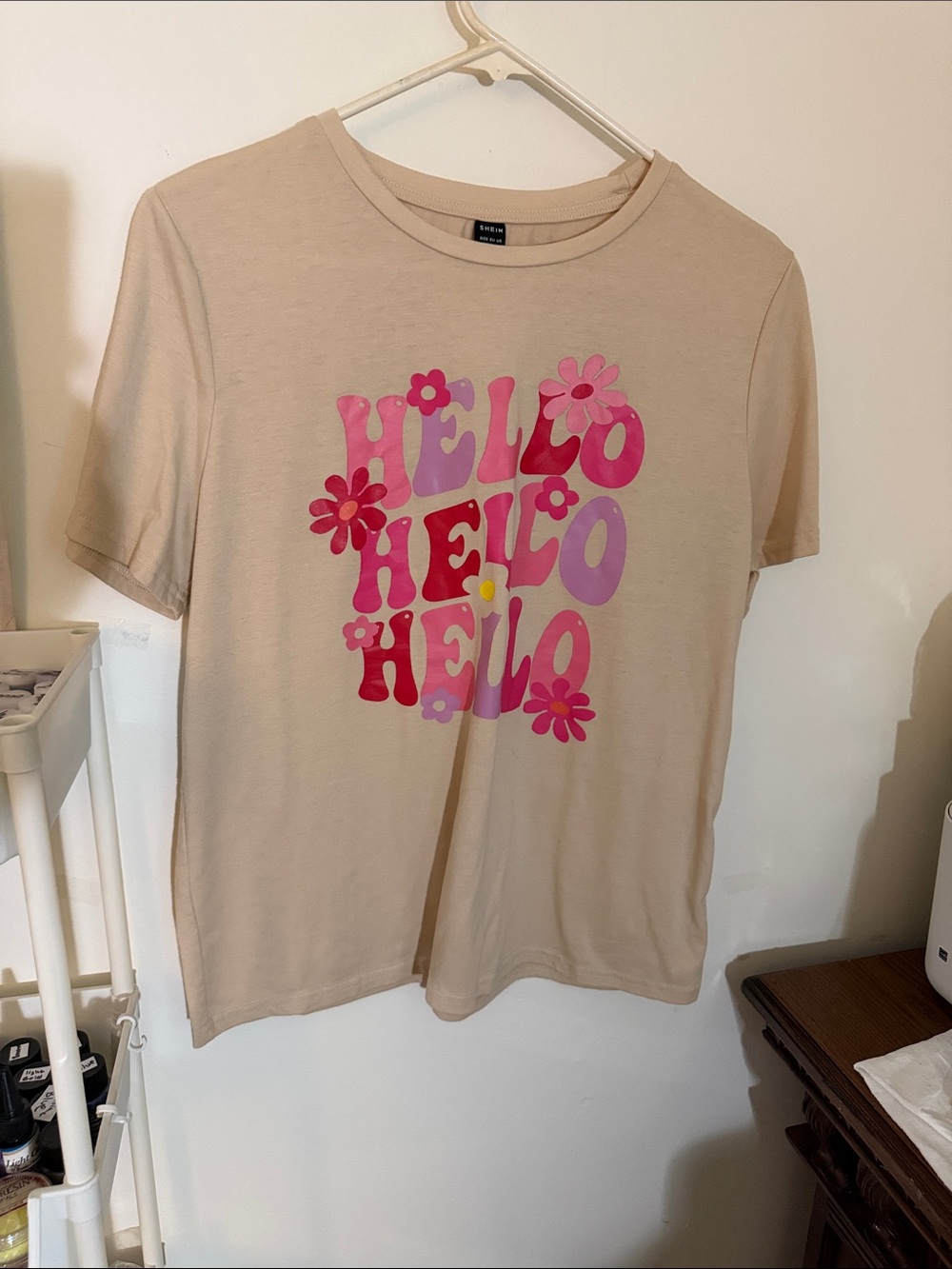 SHEIN Beige Tee with Pink & Purple 'HELLO' Floral Graphic